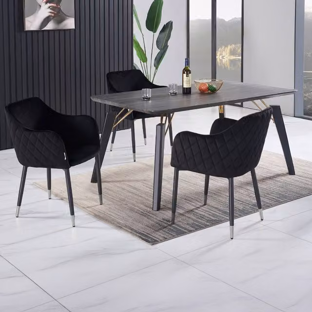 Life Interiors Verona Cosmo LUX Dining Set with Rectangular Walnut Table and 4 Black Velvet Chairs with Gold Accents