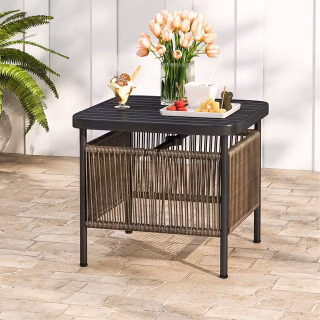 Costway Modern Black Polyrattan Outdoor Side Table with Umbrella Hole