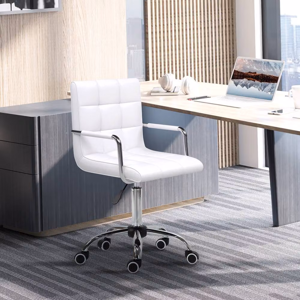 Rolipo White PU Leather Swivel Vanity Office Chair with Adjustable Height – 3