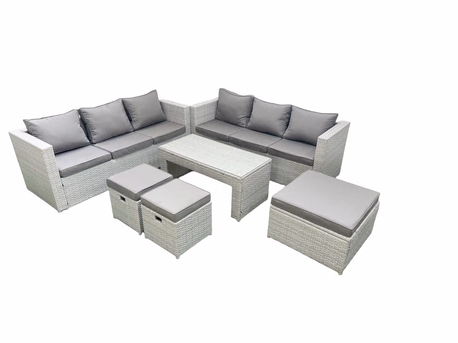 Fimous 9 Seater Rattan Garden Furniture Set in Light Grey with L-Shape Sofa, Oblong Coffee Table and 3 Footstools – 2