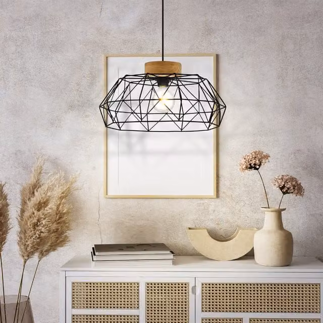 Eglo Padstow Geometric Pendant Light in Black and Natural Wood
