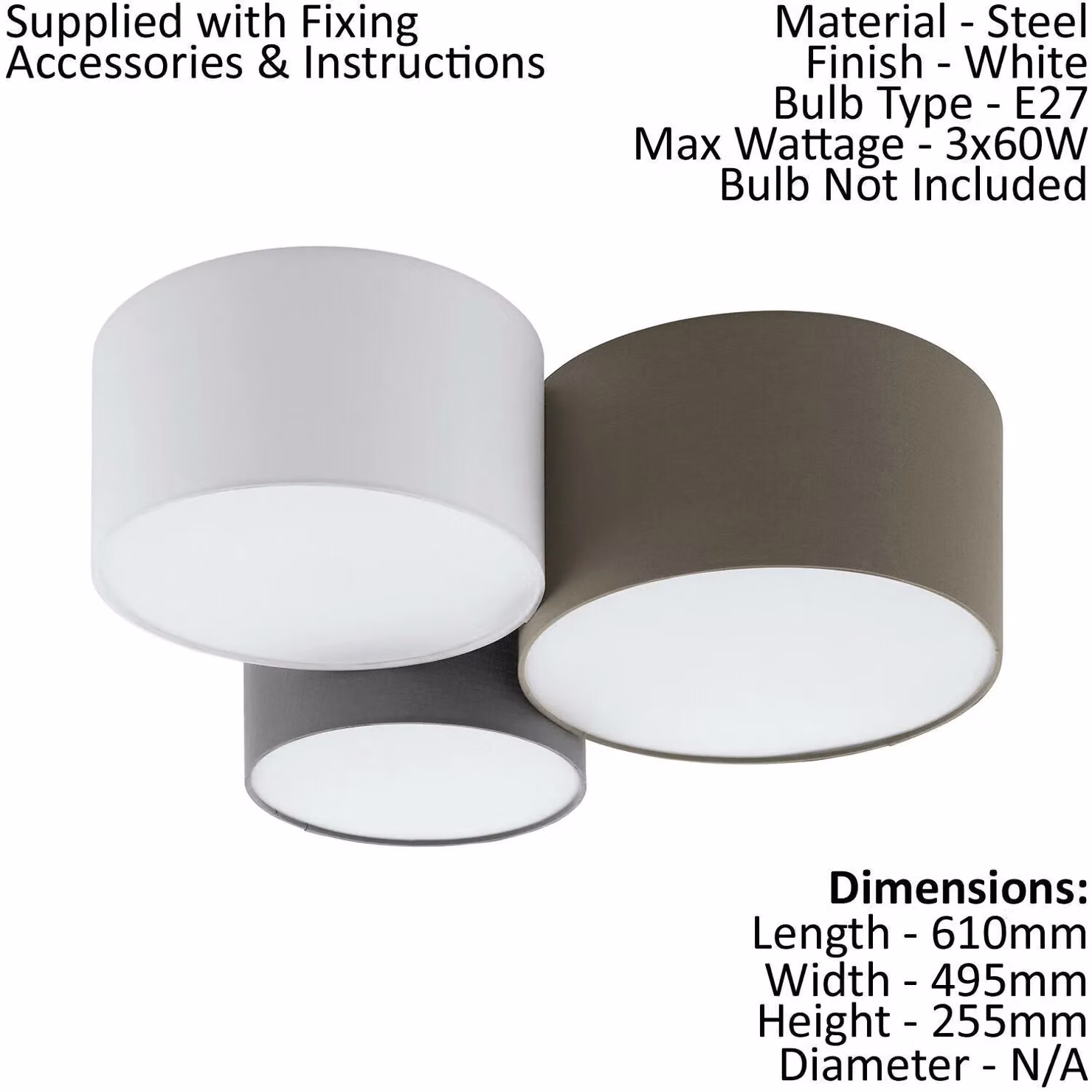 Loops 2 Pack Modern Fabric and Metal Ceiling Light in White, Anthracite, Brown or Grey with 3x E27 Sockets – 2