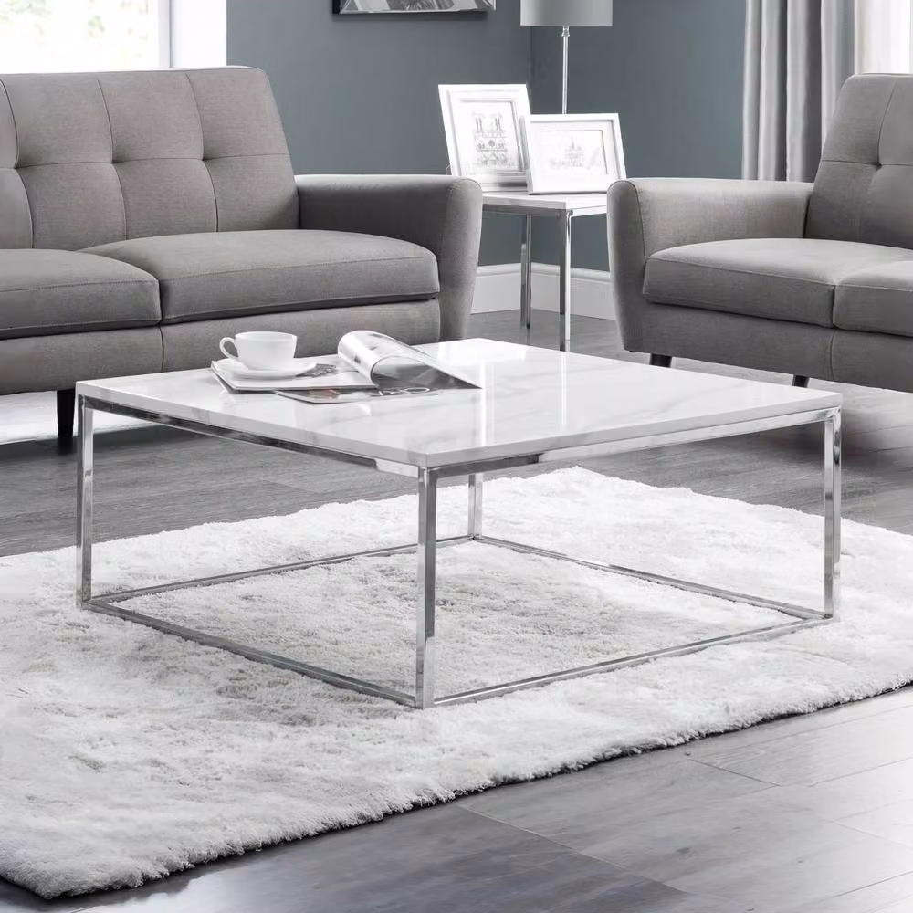Cheshire Valenza Modern Square Coffee Table with White Marble Top and Chrome Sled Base – 2