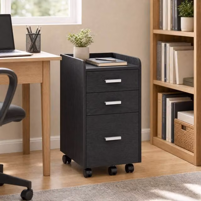 STILVORA 3 Drawer Filing Cabinet with Castors, Black