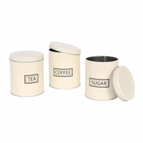 Harbour Housewares 3pc Metal Tea Coffee Sugar Canister Set with Airtight Lids in Beige, Black or White – 1