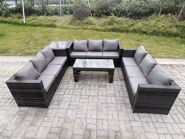 Fimous Dark Grey Polyrattan Outdoor Garden Lounge Sofa Set with Upholstered Cushions and Oblong Rectangular Coffee Table – 1