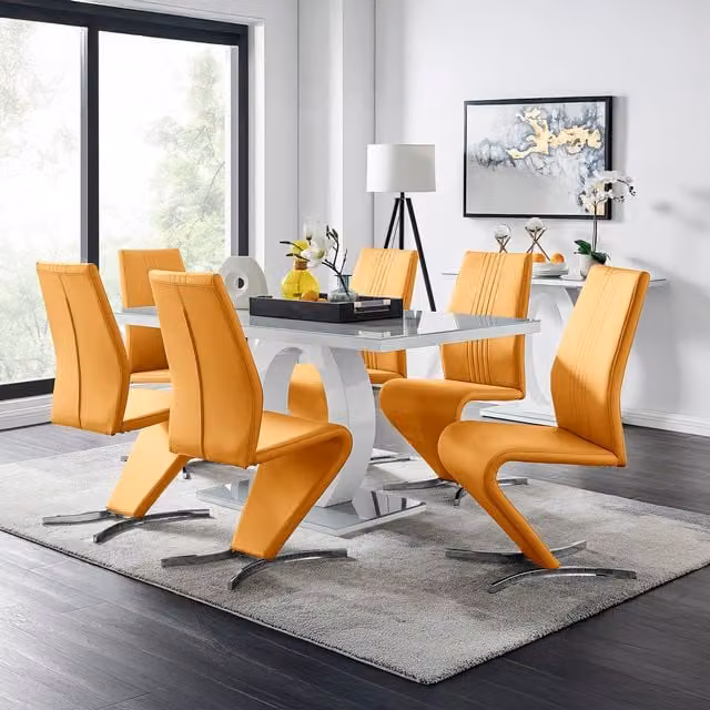 FurnitureboxUK Giovani 6-Seater Grey Glass Rectangular Dining Table and 6 Willow Faux Leather Chairs Set in Mustard and Yellow – 1
