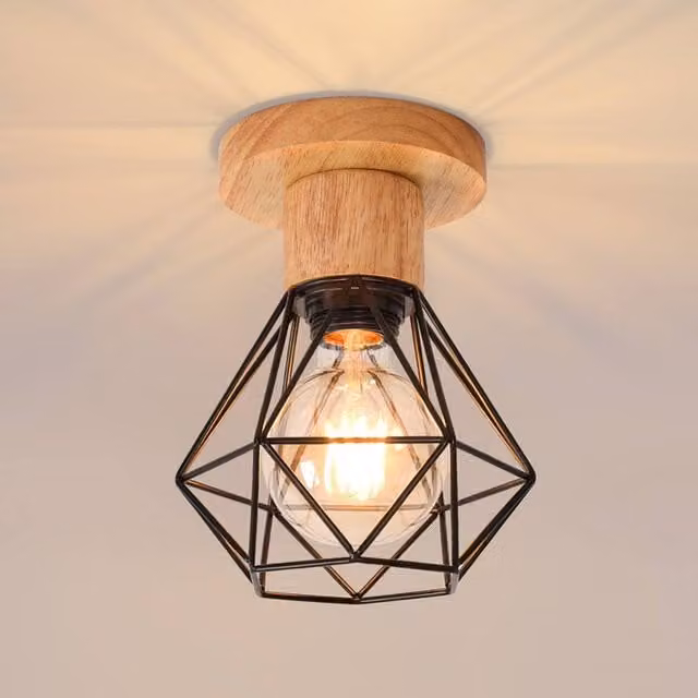 COMELY Industrial Ceiling Light in Black and Wood with E27 Socket – 1