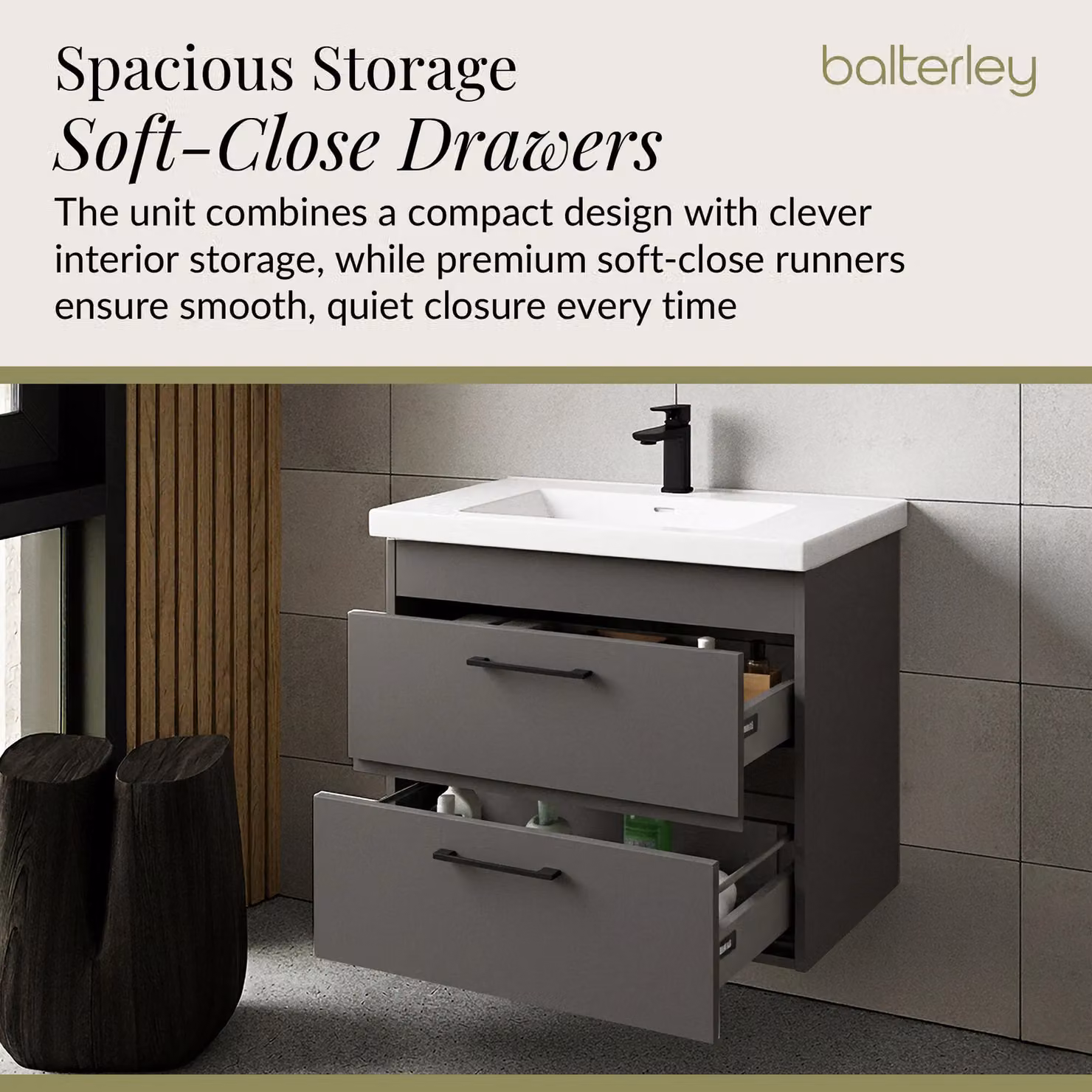 Balterley Modern Glossy 2 Drawer Wall Hung Bathroom Vanity Basin Unit in Grey, Width: 60 cm – 3