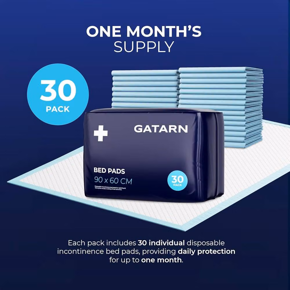GATARN Disposable Incontinence Bed Pads for Adults and Babies, Blue, 30 Sheets, W: 60 cm, D: 90 cm – 5