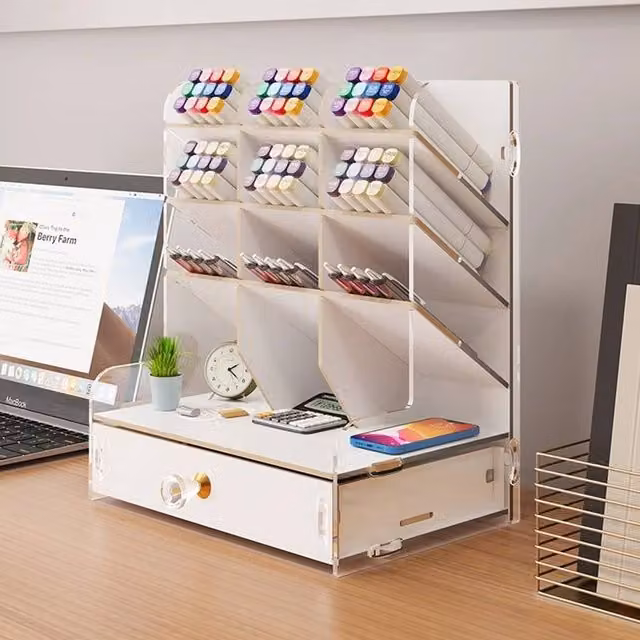 VOGREX White Wooden Artists Desk Organiser with Drawer and Multi-Compartment Marker Storage Box – 1