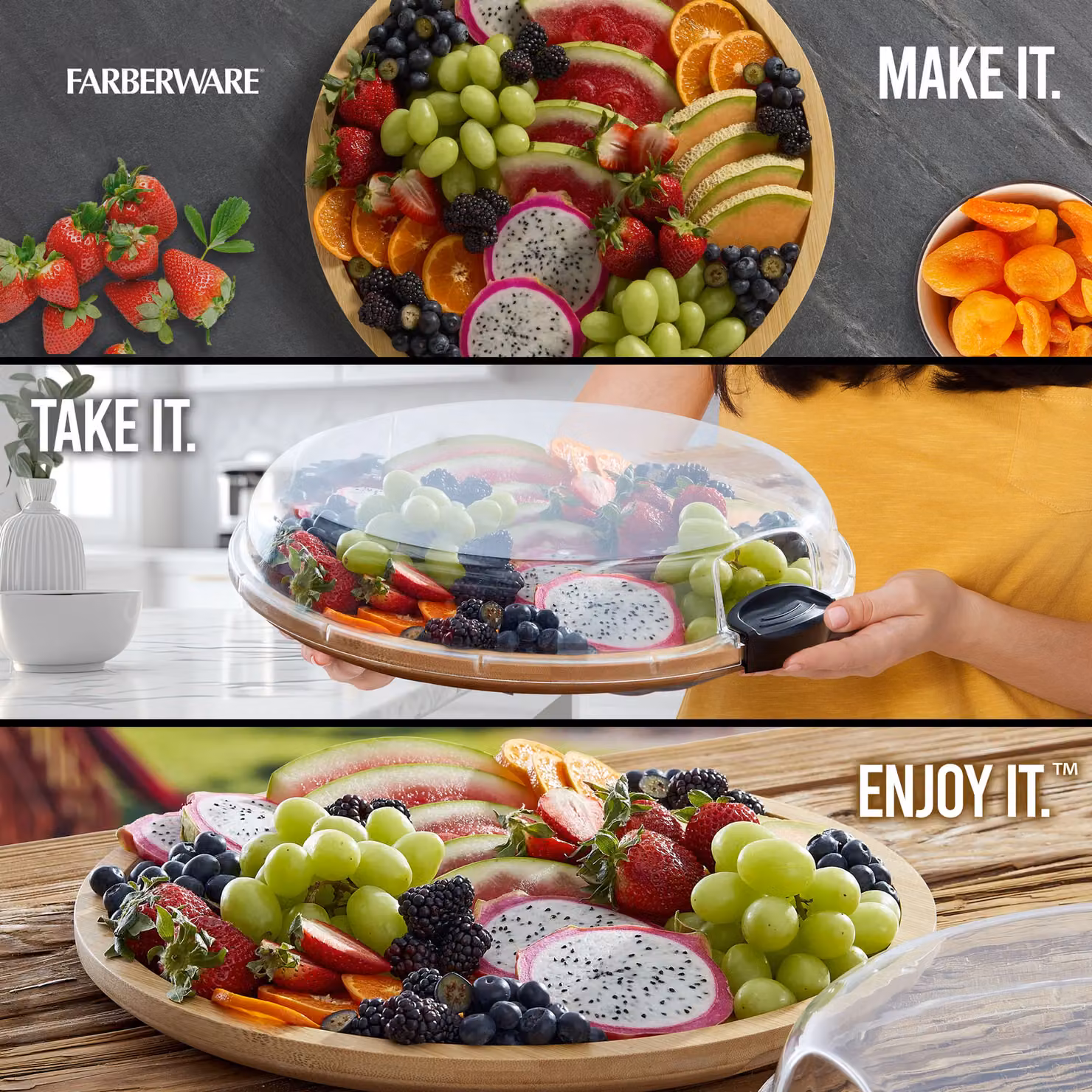 Farberware Build-a-Board Round Bamboo Multi-Purpose Snack Board with Locking Lid, Brown, Diameter: 35.5 cm – 4