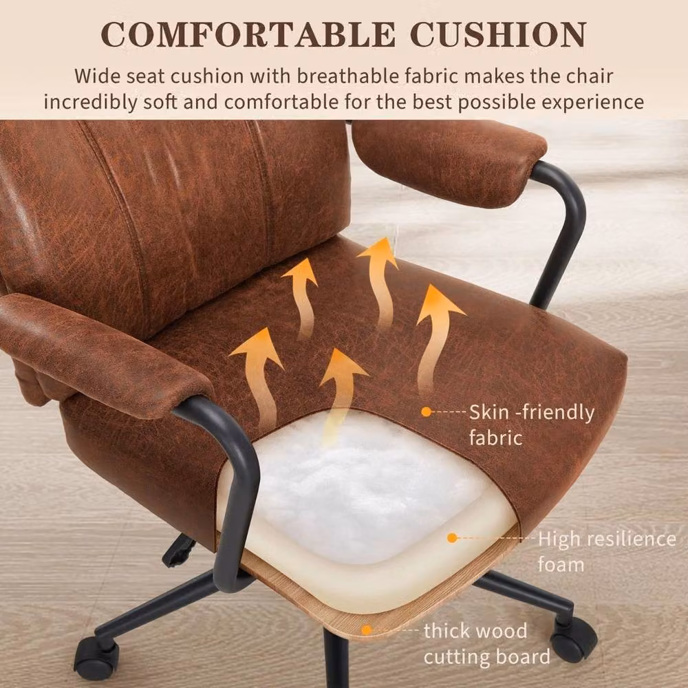 KORVIXA Mid Century Ergonomic Office Chair in Brown Synthetic Leather with Headrest and Armrests – 4