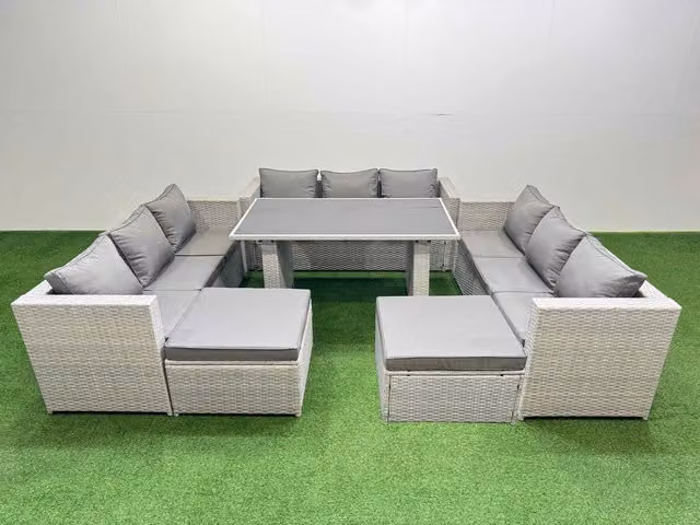 Fimous Light Grey Rattan Patio Set with Black Tempered Glass Table, 3 Sofas and 2 Footstools