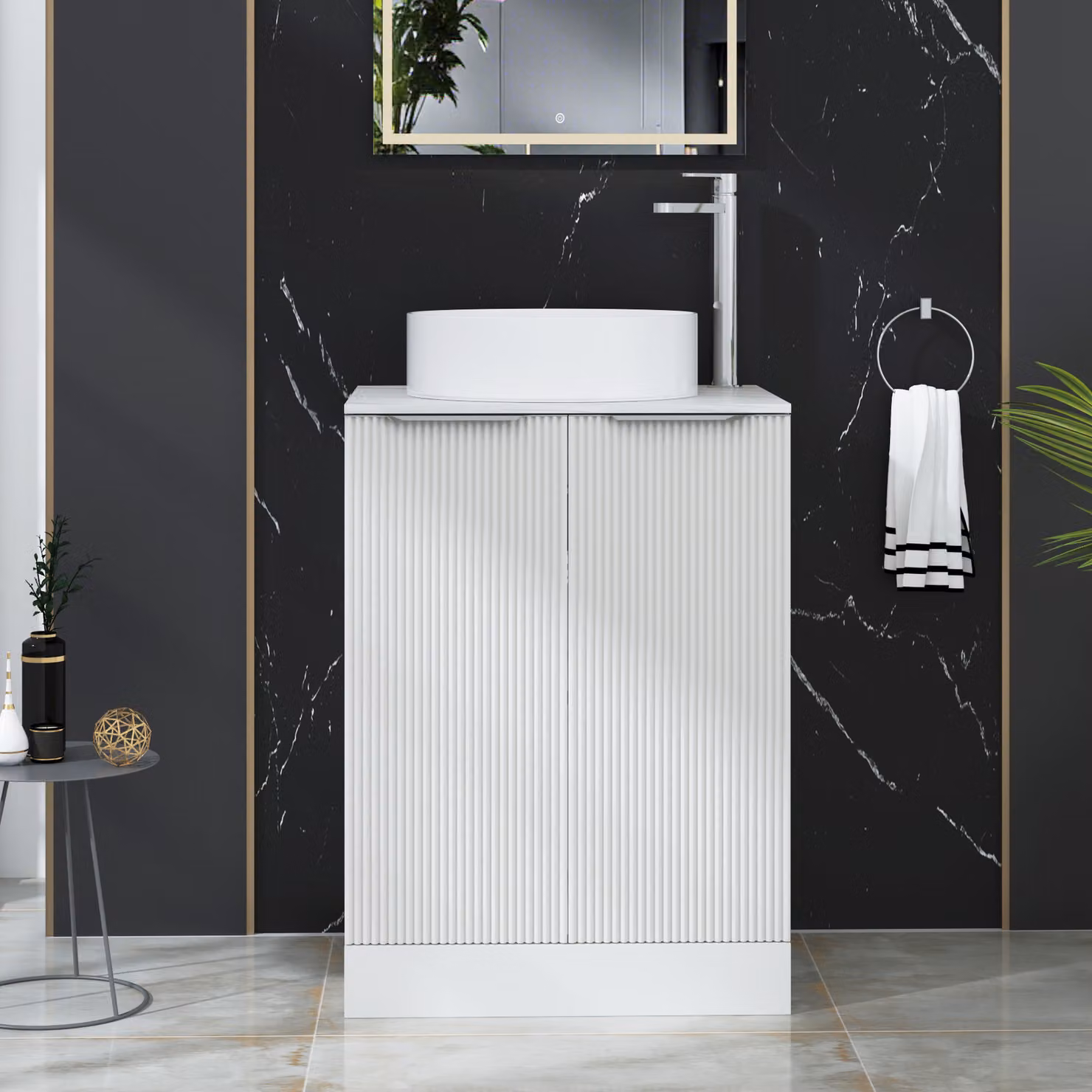 Royal Bathrooms Evora 600mm Matt White Fluted Floor Standing 2 Door Vanity Unit with Art Deco Basin