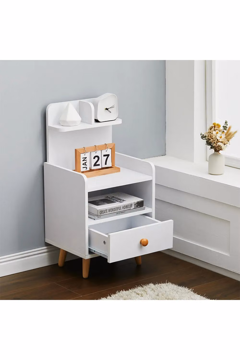 Living and Home White Wooden One Drawer Bedside Table with Wooden Legs – 2