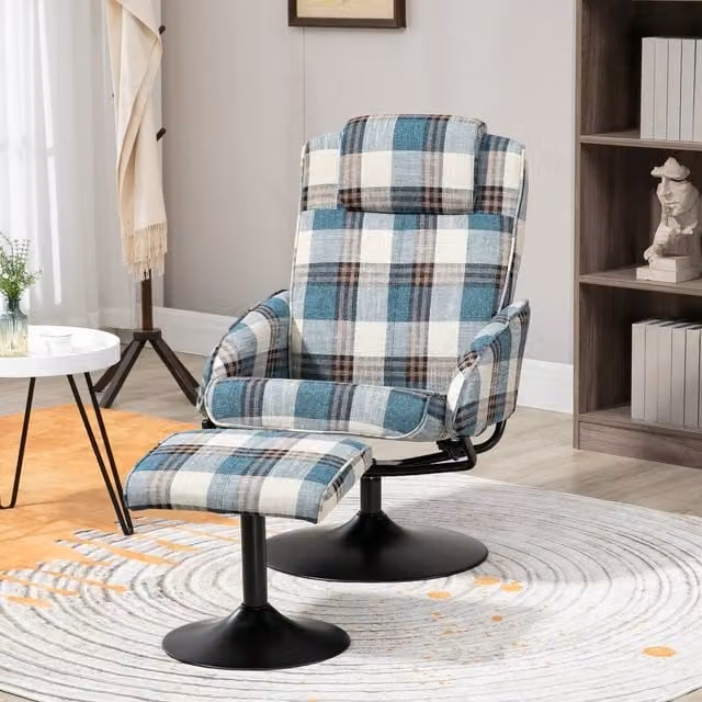 HOMCOM Blue Fabric Relax Recliner Chair with Ottoman and Metal Frame