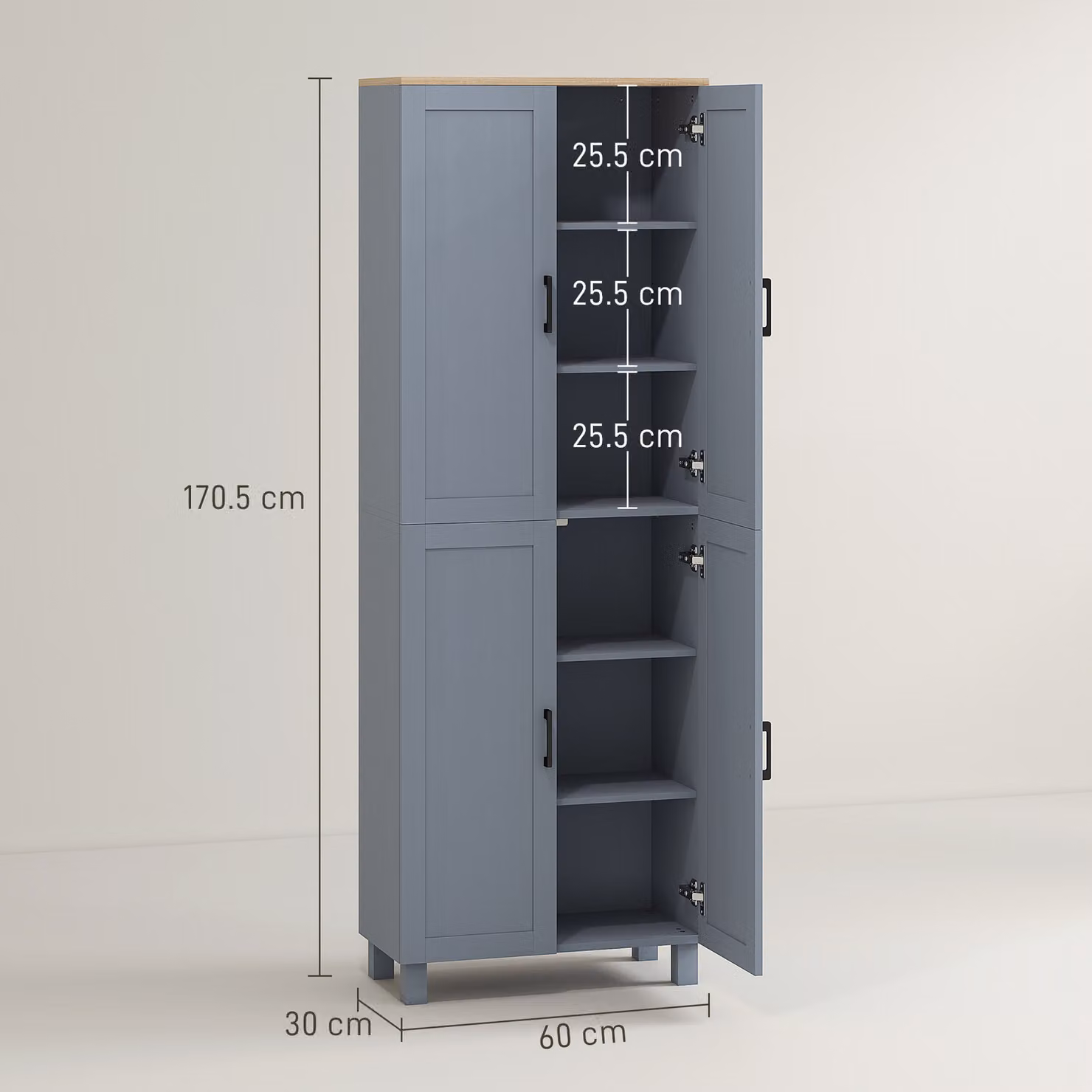 HOMCOM Modern Freestanding Kitchen Cupboard and Pantry Tall Unit with 4 Hinged Doors and Internal Shelves, Grey Wood Effect, Height: 170 cm – 3