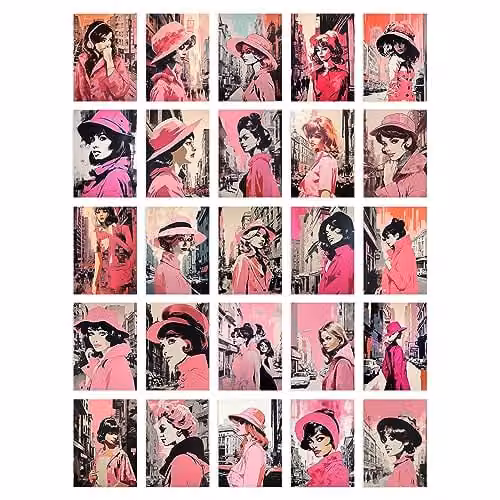 Artery8 Pink Vintage Paris Chic Aesthetic Collage Kit, 50 Piece Paper Wall Art Print Set, W: 15 cm, H: 10 cm