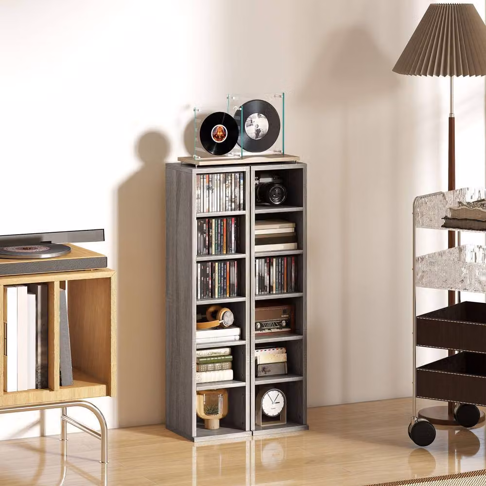 STILVORA Set of 2 Grey CD Storage Units with Adjustable Shelves and Media Compartments – 6
