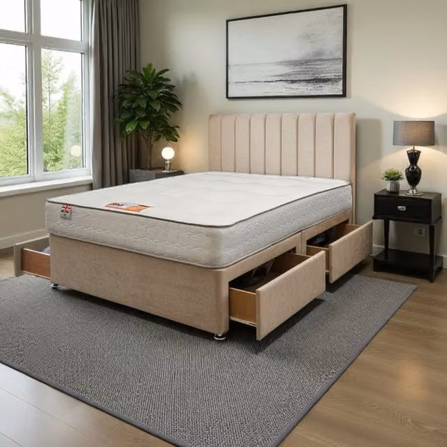 Knight Sleep Paris Plush Superking Bed Set with Mattress and 4 Drawers in Cream/Beige, W/D/H: 200 x 220 cm