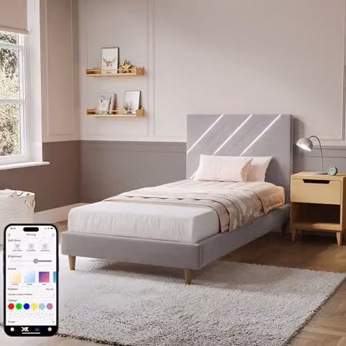 X-Rocker Lily Single Bed Frame in Grey Velvet with Under-Bed LED Lighting, W/D/H: 90 x 190 x 30 cm – 1