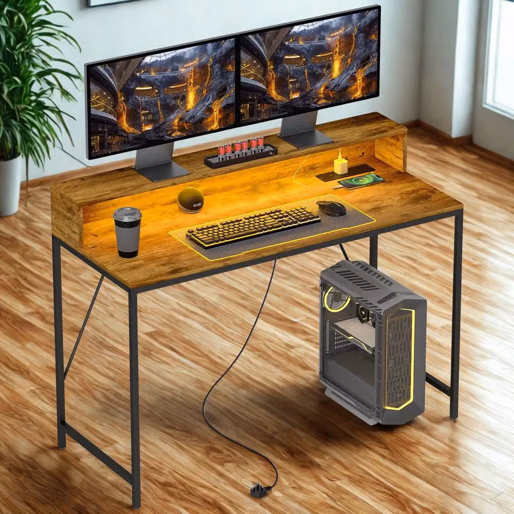 FURNOS Industrial Computer Desk with USB Outlets and LED Lights, Brown, W: 120 cm, H: 76.5 cm, D: 50 cm – 2