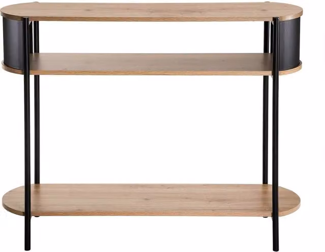 CALICOSY EKLO 3-Tier Industrial Console Table with Black Metal Sides in Light Brown, W: 100 cm, H: 80 cm, D: 34 cm – 1