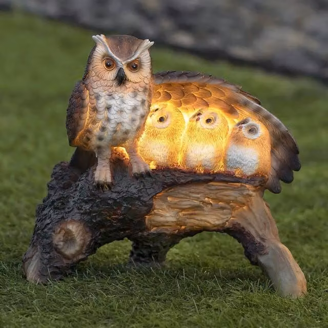 Globrite Solar Owl Family Resin Statue with LED Light, Brown and Multicolour Outdoor Garden Ornament