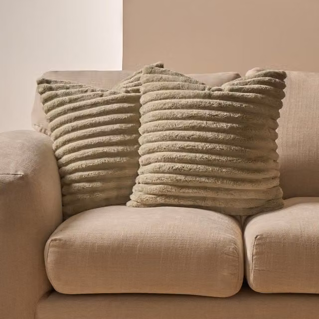 OHS Pack of 2 Sage Green Faux Fur Ribbed Square Cushion Covers