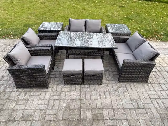 Fimous 9 Piece Rattan Garden Furniture Set in Dark Grey with 2 Footstools and 2 Side Tables