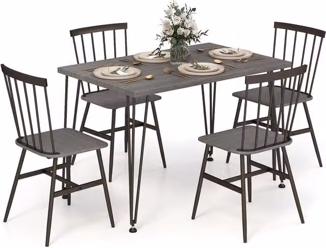 Gymax 5-Piece Dining Table and 4-Chair Set with Metal Frame in Light Oak