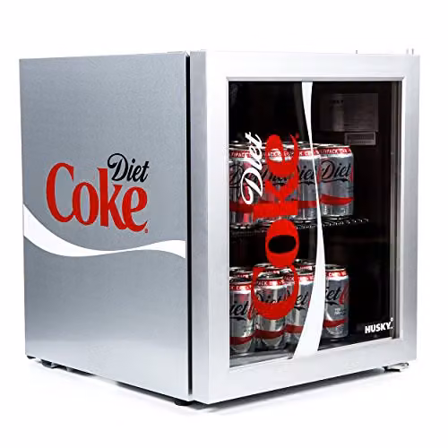 Husky Diet Coke Design Mini Fridge in Silver with Glass Door