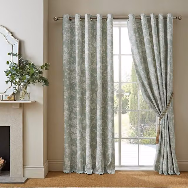Laura Ashley Lloyd Classic Floral Eyelet Curtains in Green Cotton