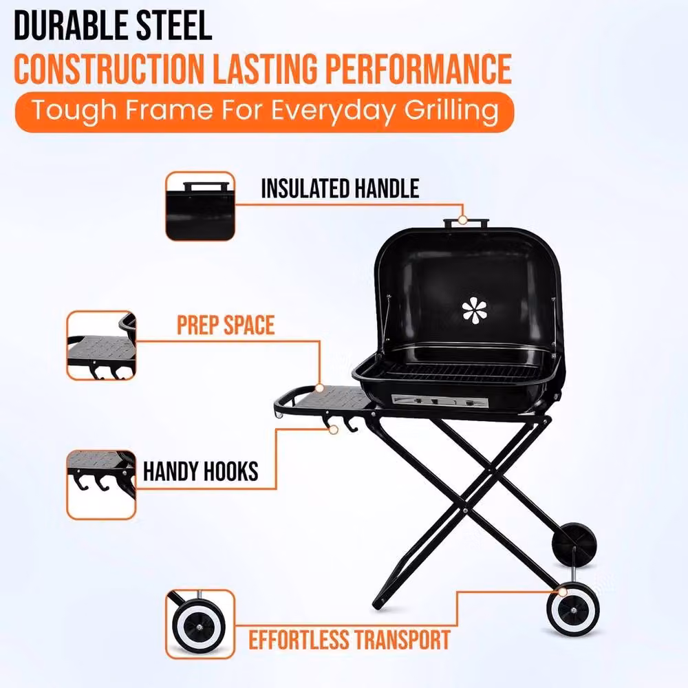FLAVORA Foldable Charcoal BBQ Grill Cart Wheeled Trolley in Black, W/D/H: 100 x 100 x 100 cm – 3