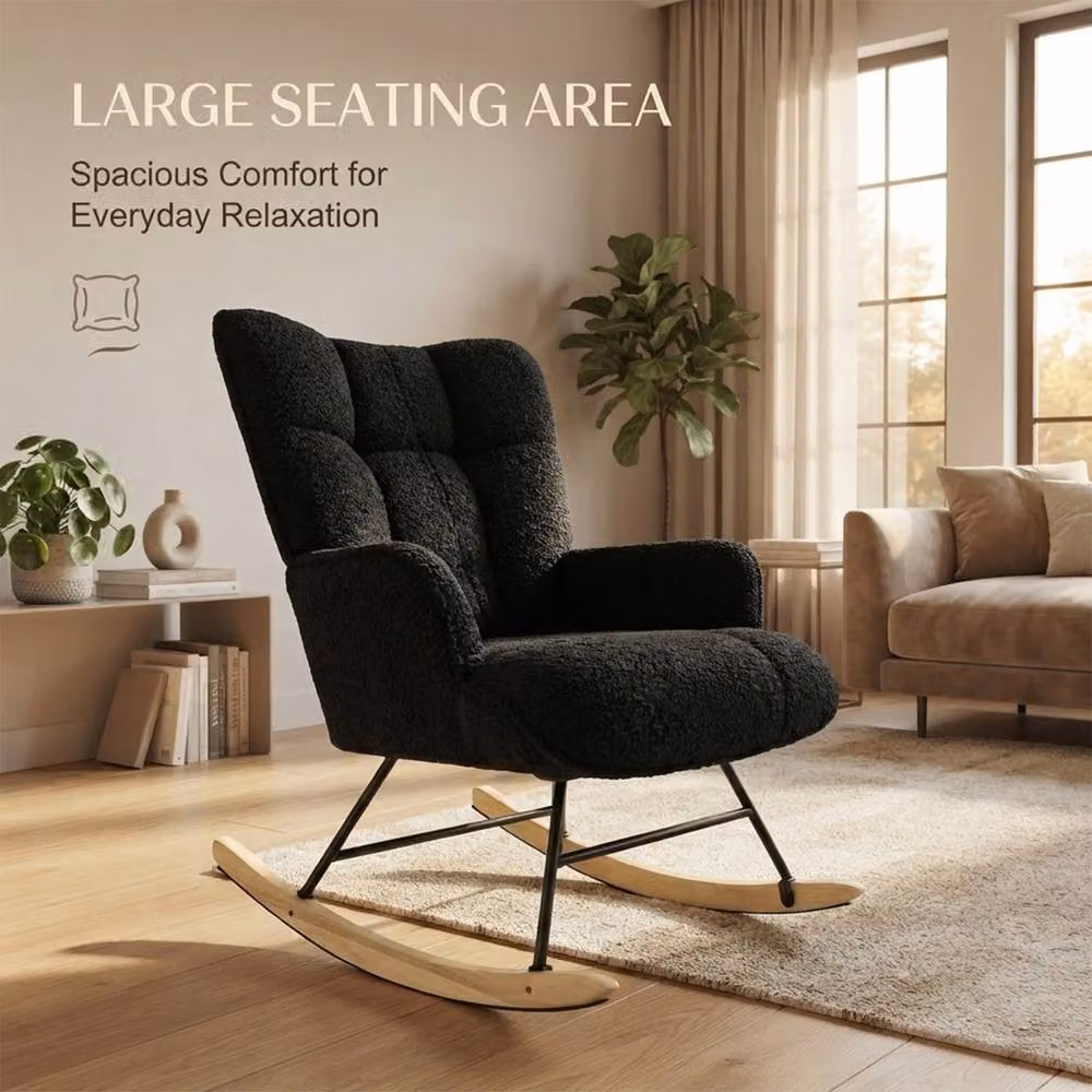 Alivio Black Teddy Bouclé Rocking Armchair with High Backrest and Armrests for Nursery, Bedroom or Balcony, H 95 x W 52 x D 68 cm – 2