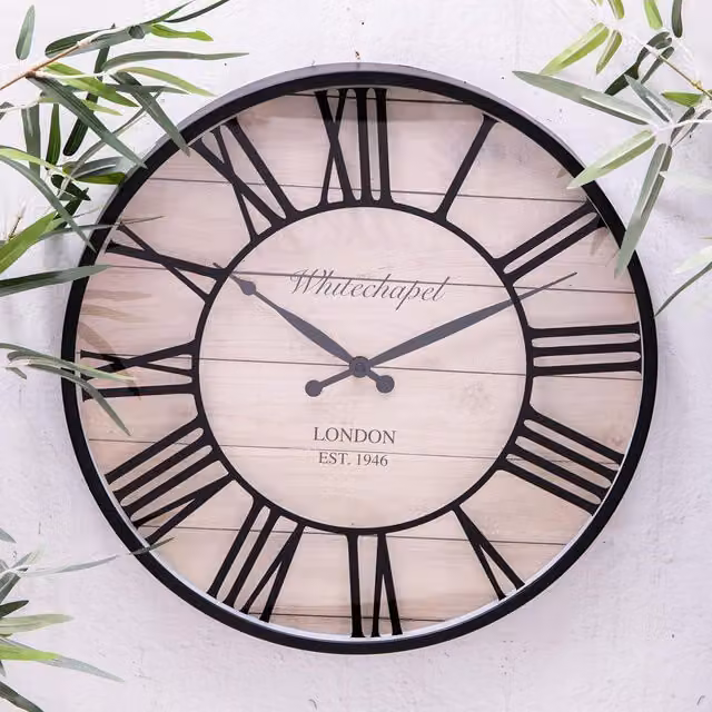 Annibells Black and Wood Effect Round Analog Wall Clock with Roman Numerals