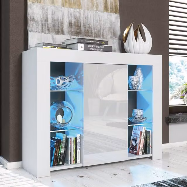 Mex Furniture LTD Modern White Gloss Sideboard with Integrated LED Lighting, W: 97 cm, H: 83 cm, D: 35 cm