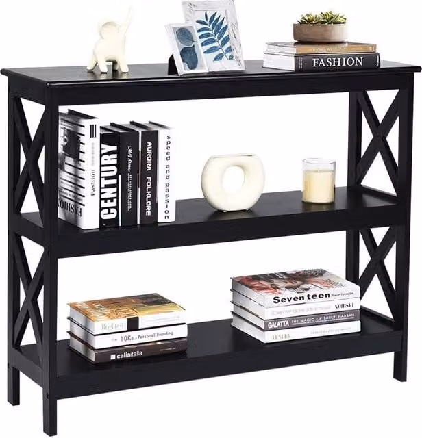 Havendro 3-Tier Wooden Console Table with X-Frame Design in Black