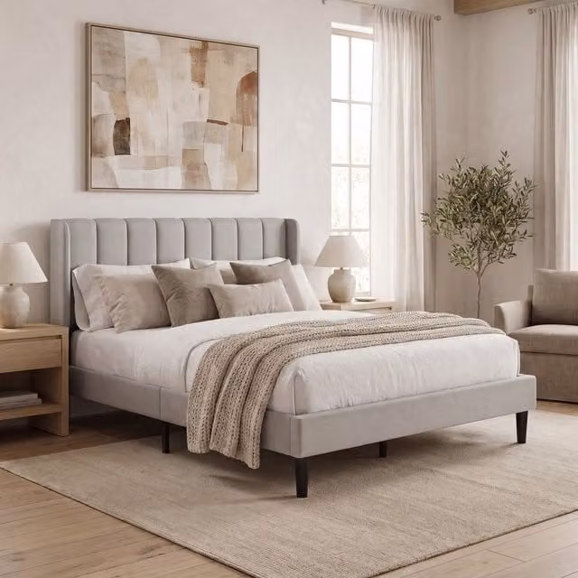 Vida Designs Modern Upholstered Double Bed in Beige, W/D/H: 160 x 200 cm