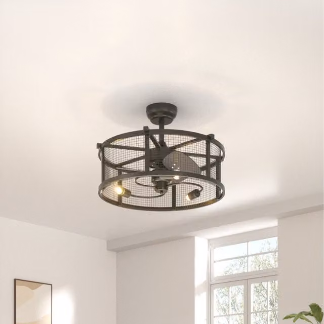 Komore Industrial Black Metal Round Ceiling Fan Light with Warm White Glow