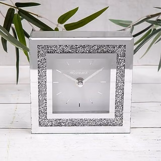 Leonardo Small Square Crystal Desk Clock with Crushed Diamante in Silver