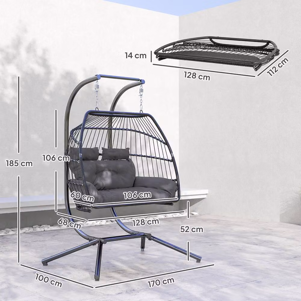 ERGOVEXA Rattan Double Hanging Egg Chair with Stand in Dark Grey – 2