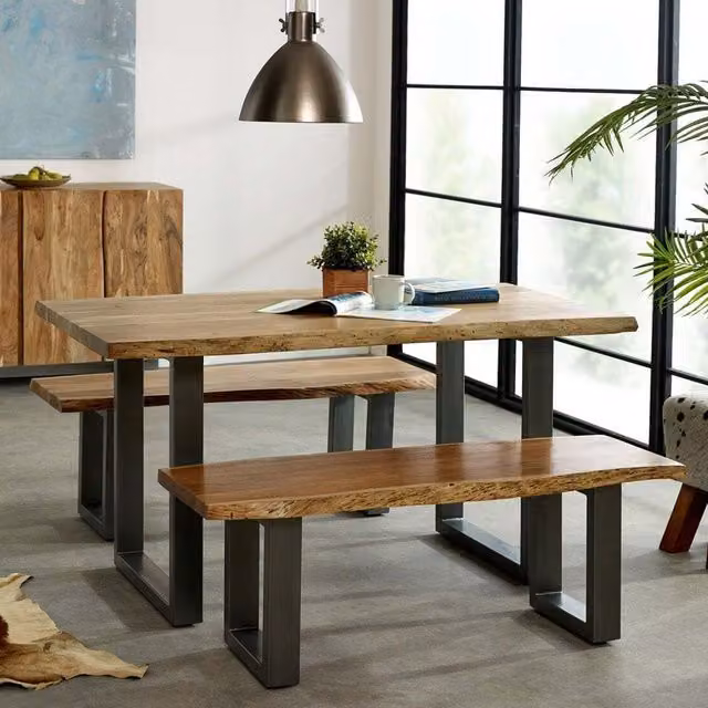 IH Design Natural Acacia Wood Live Edge Dining Table Set with 2 Benches in Brown