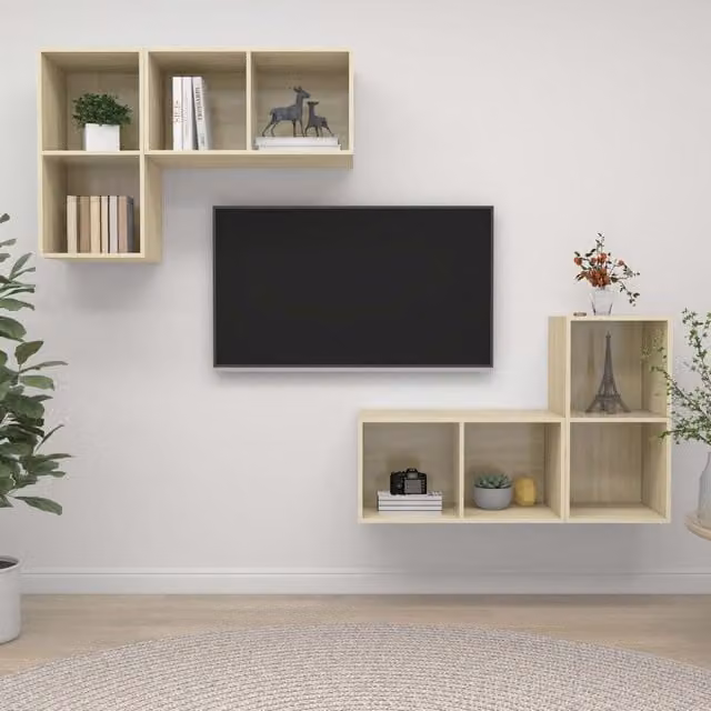 Berkfield Home 4-Piece Wall-Mounted TV Cabinet Set in Sonoma Oak and Brown/Beige Engineered Wood – 1
