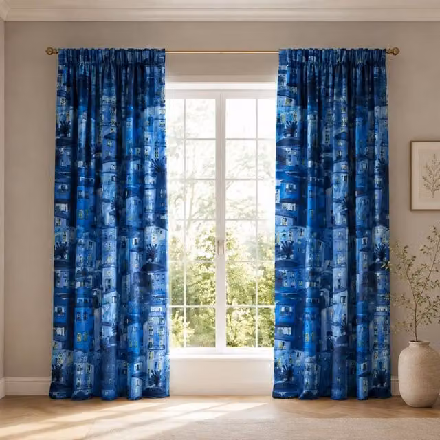 Smart Living Rural Italy Mediterranean Village Print Curtains Pair with Tie Backs in Teal, Width: 167 cm, Drop: 183 cm