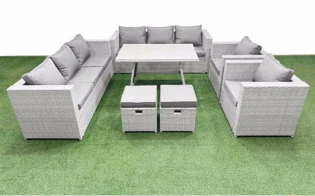 Fimous 10-Seater PE Rattan Garden Furniture Set with Tempered Glass Table, Light Grey