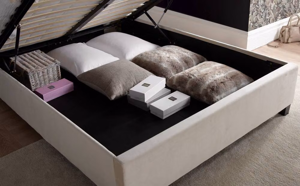 Bedmaster Aurora Velvet Ottoman Bed and Cotswold 3000 Pocket Sprung Natural Mattress in Light Stone, Size: King (W/D/H: 180 x 200 cm) – 3