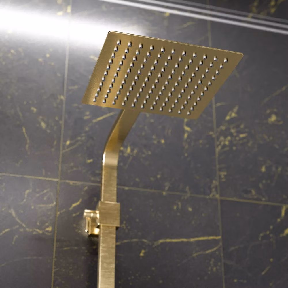 Nes Home Brushed Brass Square Exposed Thermostatic Shower Kit in Metallic Gold with Rain Overhead Shower and Hand Shower – 2