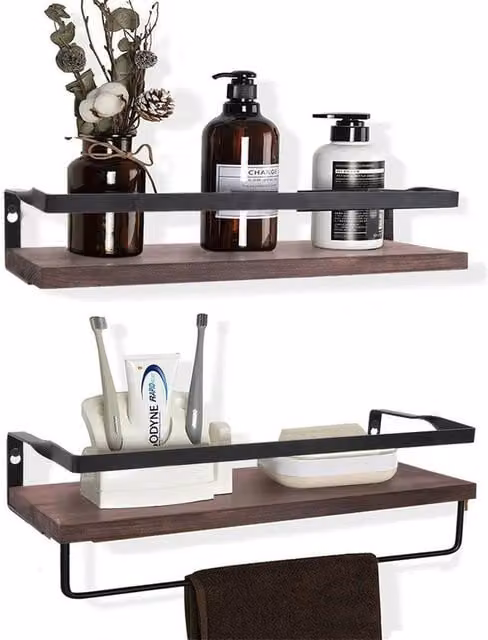 Kelvenix Set of 2 Brown Wooden Floating Wall Mounted Shelves